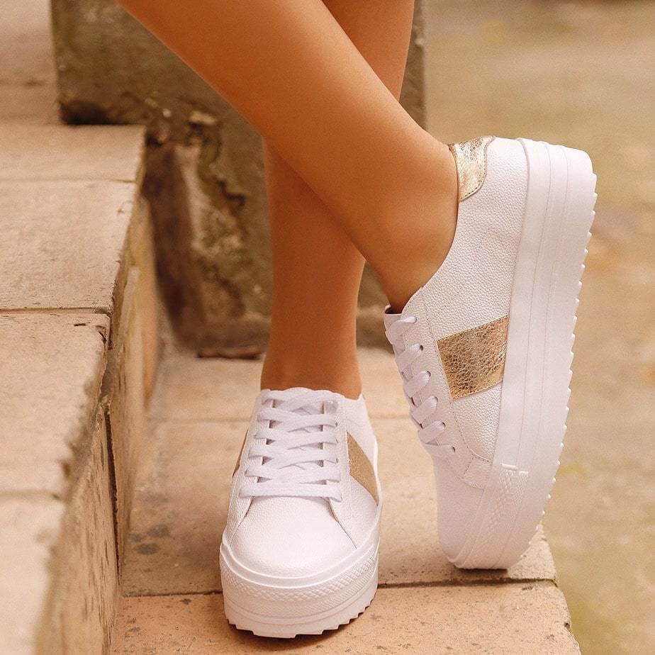 Tenis en Cuero Blanco y Dorado | DFV Leather Shoes \u0026 Bags