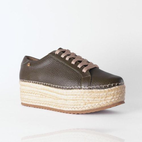 Tenis de Cuero Para Mujer Cuero Verde y Plataforma en Yute