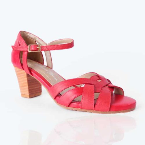 Sandalia de Tacón en Cuero Color Rojo y Tacón Vira