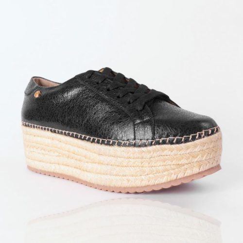 Tenis de Cuero Para Mujer Cuero Negro y Plataforma en Yute