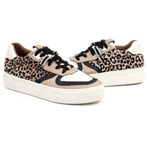 Tenis en Cuero Animal Print Leopardo, Blanco y Taupe - Ref. Z-2685