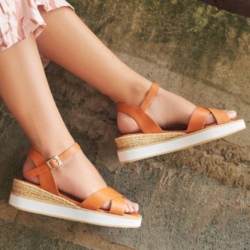 Sandalia Plana en Cuero y Plataforma Yute - Ref. Z-2765 Naranja